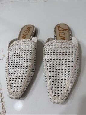Sam Edelman Clara Ivory Woven Leather Mule Backless & Snakeskin on Heel | 8.5